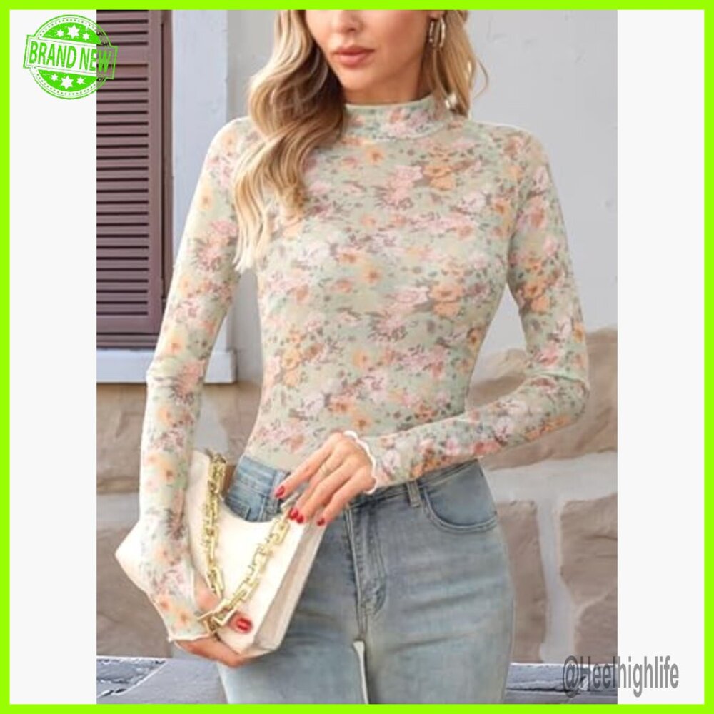 Floral Lace Mesh Long Sleeve Top, Slim Fit Sheer Mock Neck Shirt - Picture 2 of 6